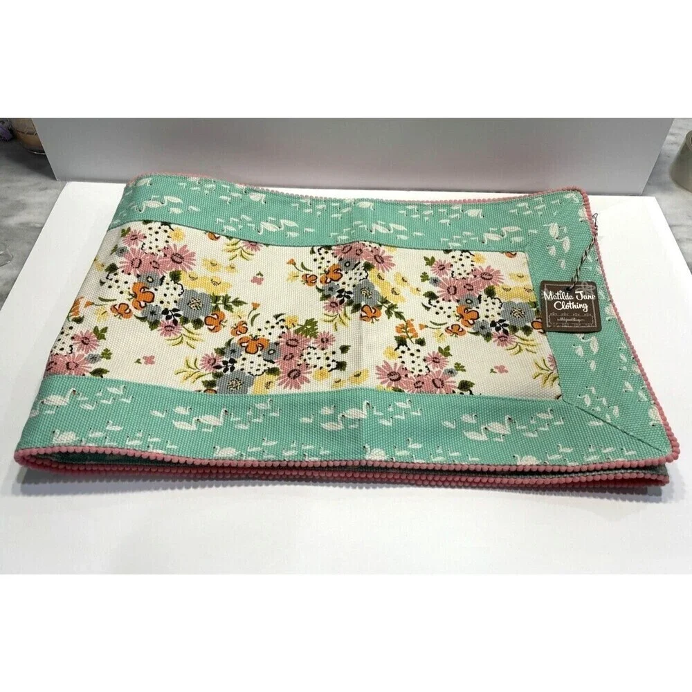 Matilda Jane Feathered Friend Table Runner Floral Aqua Stipe 88” X 13.5” Cotton